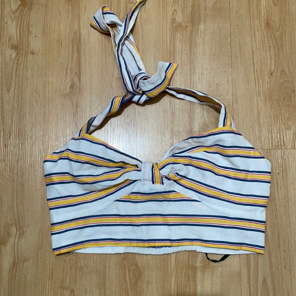 Nautical yellow and blue striped bandou crop top